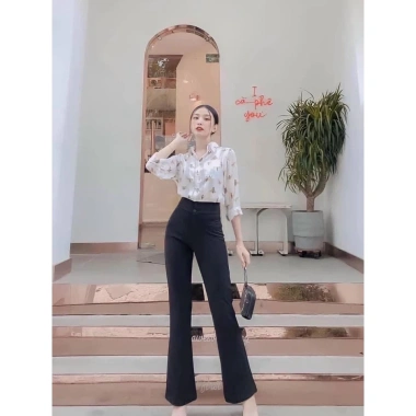 Quần ống loe công sở nữ, cạp cao 2 khuy, màu đen, vải tuyết mưa, dáng hack - phù hợp đi học và làm việc