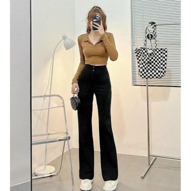 Quần ống loe nữ cạp cao đen dài 2 cúc cá tính, vải mềm dày dặn - 120.000đ