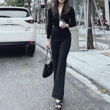 Quần ống loe nữ cạp cao đen dài 2 cúc cá tính, vải mềm dày dặn - 120.000đ