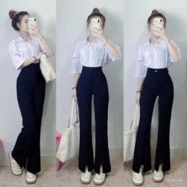 Quần Ống Loe Nữ Cạp Cao Xẻ Gấu Trước Cúc Tôn - Vải Mềm, Lưng Cao, Cá Tính Công Sở
