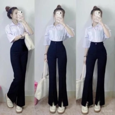 Quần Ống Loe Nữ Cạp Cao Xẻ Gấu Trước Cúc Tôn - Vải Mềm, Lưng Cao, Cá Tính Công Sở