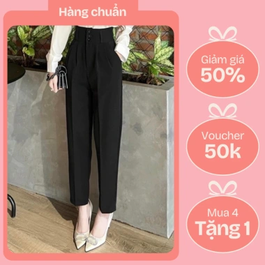 Quần ống rộng nữ cạp cao baggy, bo gấu 1‑3 khuy, vải tuyết mưa hàn: Đi học & đi làm