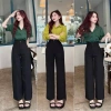 Quần ống rộng nữ cạp cao xanh đen dáng dài 1 khuy thích hợp đi học làm du lịch biển giá 73.000₫