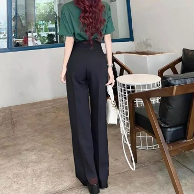 Quần ống rộng nữ cạp cao xanh đen dáng dài 1 khuy thích hợp đi học làm du lịch biển giá 73.000₫