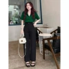 Quần ống rộng nữ cạp cao xanh đen dáng dài 1 khuy thích hợp đi học làm du lịch biển giá 73.000₫ 7
