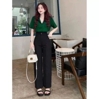 Quần ống rộng nữ cạp cao xanh đen dáng dài 1 khuy thích hợp đi học làm du lịch biển giá 73.000₫