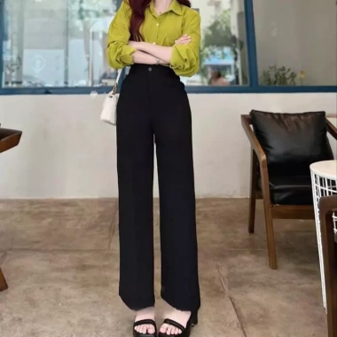 Quần ống rộng nữ cạp cao xanh đen dáng dài 1 khuy thích hợp đi học làm du lịch biển giá 73.000₫