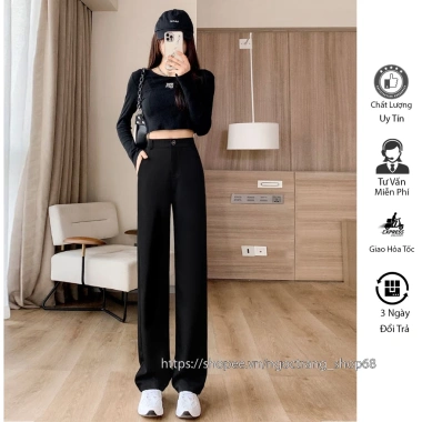 Quần ống rộng nữ dáng suông màu đen/be, chất co giãn, khóa kéo, tặng dây cột tóc - 165k