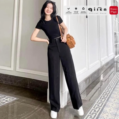 Quần Ống Suông Cạp Cao Nữ QIIEN CV026 - Vải Cao Cấp Xuất Hàn, Khóa Trước, Giá 145.045 VND
