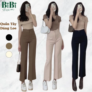Quần ống suông dáng loe vải Tây Âu Hàn Quốc cạp lưng cao, 3 màu đen nâu be, dài 90‑92cm - BiBi
