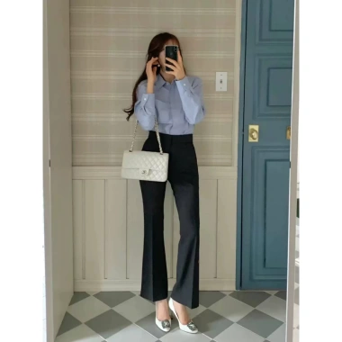 Quần ống suông dáng loe vải Tây Âu Hàn Quốc cạp lưng cao, 3 màu đen nâu be, dài 90‑92cm - BiBi