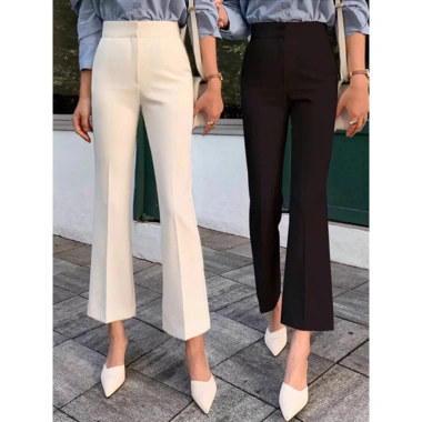 Quần ống suông dáng loe vải Tây Âu Hàn Quốc cạp lưng cao, 3 màu đen nâu be, dài 90‑92cm - BiBi