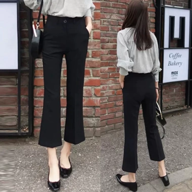 Quần ống suông dáng loe vải Tây Âu Hàn Quốc cạp lưng cao, 3 màu đen nâu be, dài 90‑92cm - BiBi