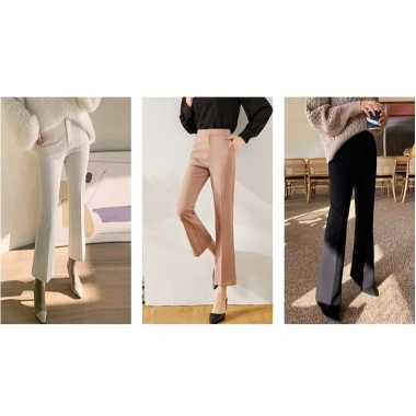 Quần ống suông dáng loe vải Tây Âu Hàn Quốc cạp lưng cao, 3 màu đen nâu be, dài 90‑92cm - BiBi