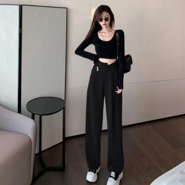 Quần ống suông nữ dài rộng cạp chéo 2 khuy lệch, vải tây ulzzang, chỉ 99.000đ
