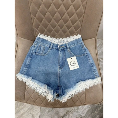 Quần short jean nữ lưng cao REN-MS014 chất denim viền tua, giảm giá 139k