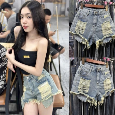 Quần short jean nữ lưng cao, túi lộ, rách siêu hack dáng - 129k