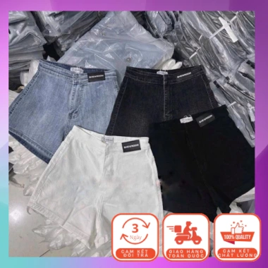 Quần short jeans nữ đính tem da lưng cao co giãn - Giá chỉ 159.000đ, giảm mạnh