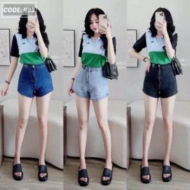 Quần short jeans nữ đính tem da lưng cao co giãn - Giá chỉ 159.000đ, giảm mạnh