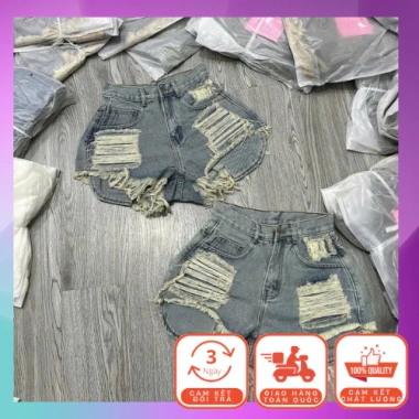 Quần short jeans nữ xanh bụi, rách mảng to, cạp lưng cao, túi lớn giá 129.000₫