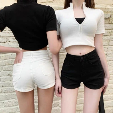 Quần short nữ lưng cao denim co giãn 2 màu đen trắng thời trang Hàn Quốc giá 126k 6