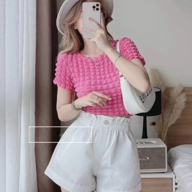 Quần sooc nữ chất tổ ong, chun rút eo, 1 khuy, xinh xắn - Giá chỉ 69.600₫ 2