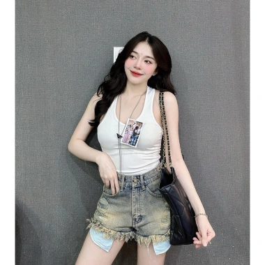 Quần sọt jean lưng cao, túi rách, 3 đường Rêu bụi - giá chỉ 129.000đ