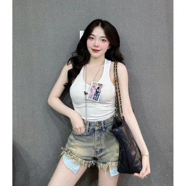 Quần sọt jean lưng cao, túi rách, 3 đường Rêu bụi - giá chỉ 129.000đ