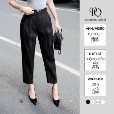 Quần Tây Baggy Nữ Cạp Cao Sọc 9 Tấc Ống Đứng Dáng Thanh Lịch Công Sở Cao Cấp