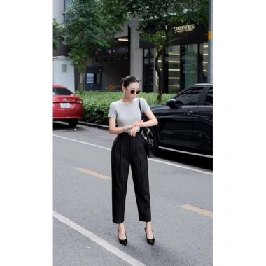 Quần Tây Baggy Nữ Cạp Cao Sọc 9 Tấc Ống Đứng Dáng Thanh Lịch Công Sở Cao Cấp