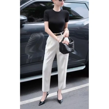 Quần Tây Baggy Nữ Cạp Cao Sọc 9 Tấc Ống Đứng Dáng Thanh Lịch Công Sở Cao Cấp