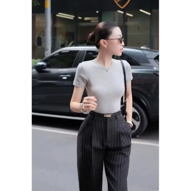 Quần Tây Baggy Nữ Cạp Cao Sọc 9 Tấc Ống Đứng Dáng Thanh Lịch Công Sở Cao Cấp