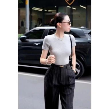 Quần Tây Baggy Nữ Cạp Cao Sọc 9 Tấc Ống Đứng Dáng Thanh Lịch Công Sở Cao Cấp