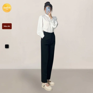 Quần tây baggy nữ lưng cao vải tuyết mưa đen thắt lưng thanh lịch đi làm công sở 6
