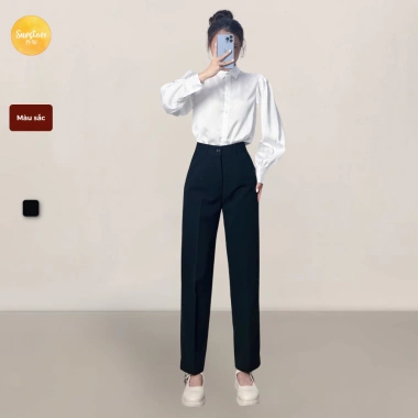 Quần tây baggy nữ lưng cao vải tuyết mưa đen thắt lưng thanh lịch đi làm công sở 7