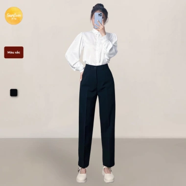 Quần tây baggy nữ lưng cao vải tuyết mưa đen thắt lưng thanh lịch đi làm công sở 8