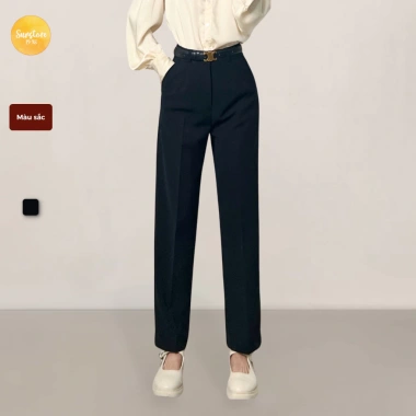 Quần tây baggy nữ lưng cao vải tuyết mưa đen thắt lưng thanh lịch đi làm công sở 10