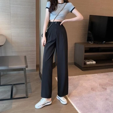 Quần Tây Công Sở Madela Ống Rộng Cạp Cao Khoá Trước, Không Cúc, Tôn Dáng Nữ