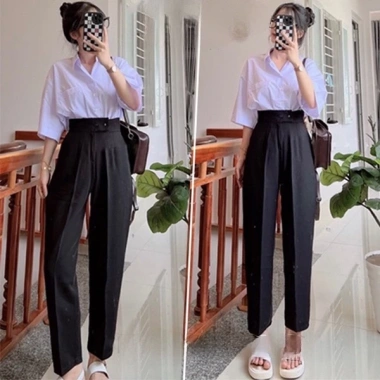 Quần tây công sở nữ lưng cao baggy ống đứng vải tuyết mưa đen 2 khuy lệch 79.000₫