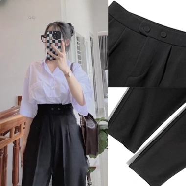 Quần tây công sở nữ lưng cao baggy ống đứng vải tuyết mưa đen 2 khuy lệch 79.000₫