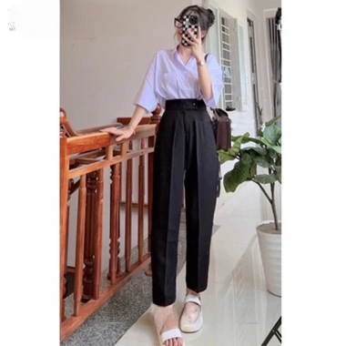 Quần tây công sở nữ lưng cao baggy ống đứng vải tuyết mưa đen 2 khuy lệch 79.000₫