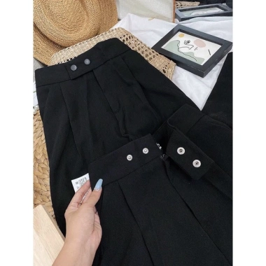 Quần tây công sở nữ lưng cao baggy ống đứng vải tuyết mưa đen 2 khuy lệch 79.000₫