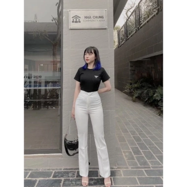 Quần tây công sở nữ lưng cao hai cúc, ống loe 100cm, vải tuyết mưa vitex dày dặn Giá 138k 4