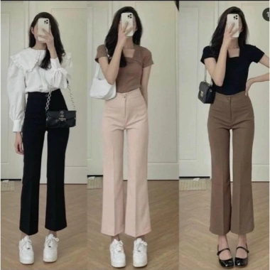 Quần tây công sở ống loe dáng lỡ màu nâu đen kem, vải tuyết mưa, giảm 21%