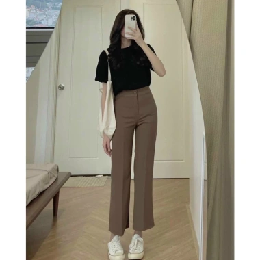 Quần tây công sở ống loe dáng lỡ màu nâu đen kem, vải tuyết mưa, giảm 21%