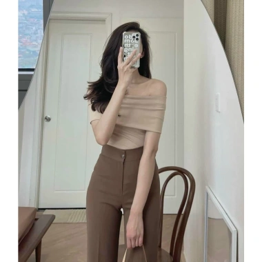 Quần tây công sở ống loe dáng lỡ màu nâu đen kem, vải tuyết mưa, giảm 21%