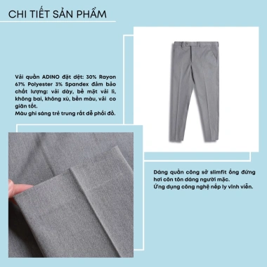 Quần tây nam ADINO màu ghi sáng, vải rayon polyester dày, không bai, co giãn, dáng công sở ống đứng hơi côn - 358.999đ