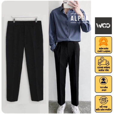 Quần tây nam Hàn Quốc WOO baggy suông vải tuyết mưa đen kem, dày dặn mềm mại không nhăn, giá 148k