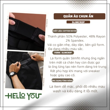 Quần tây nam HELLOYOU Slimcrop 79 co giãn dày dặn, ống rộng màu đen - 259k