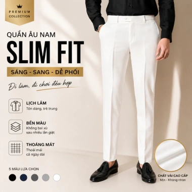 Quần tây nam trắng kem cotton không bai, dáng công sở ống đứng hơi côn 400k